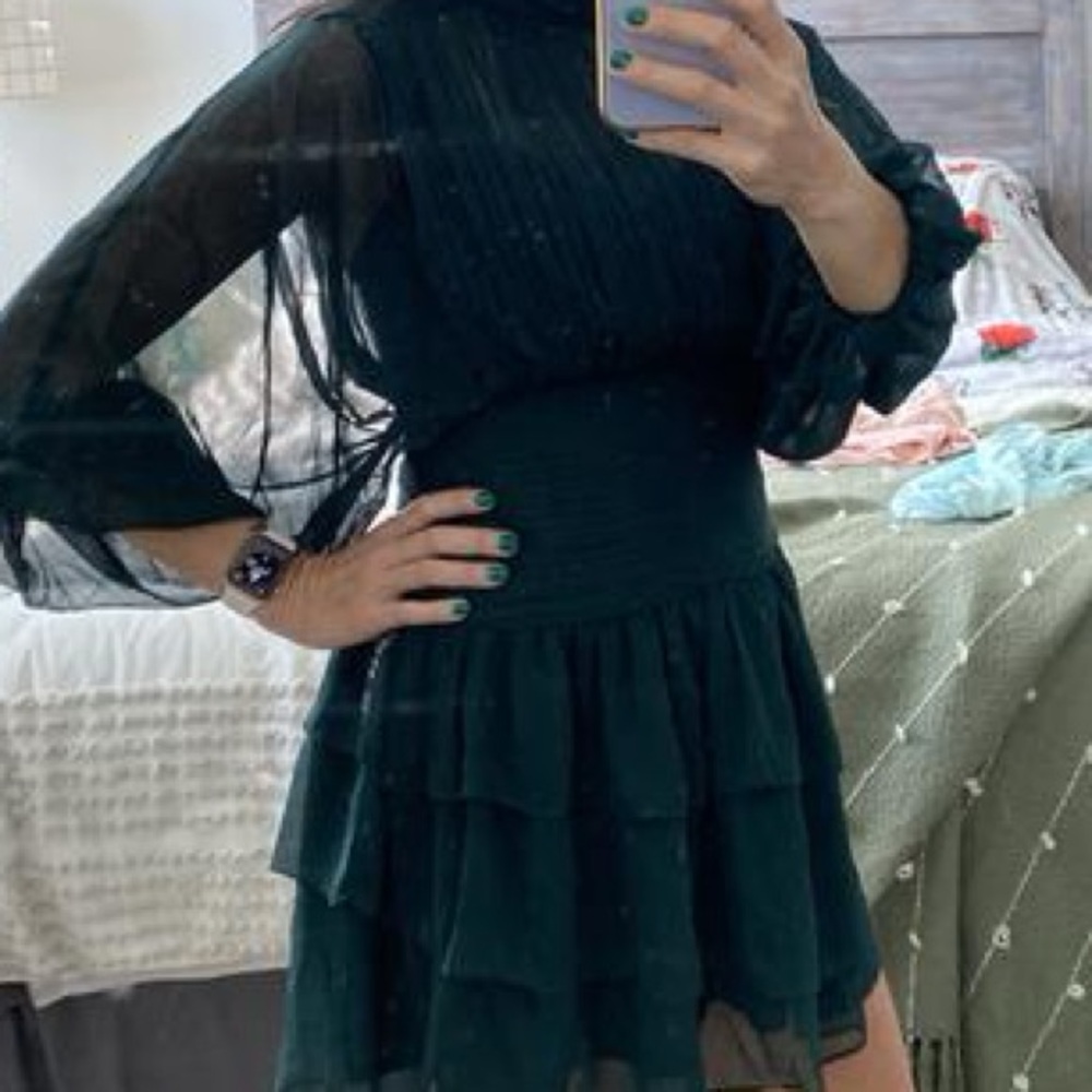 Express Mock Neck Long Sleeve Pleated Waist Tiered Ruffle Mini Dress